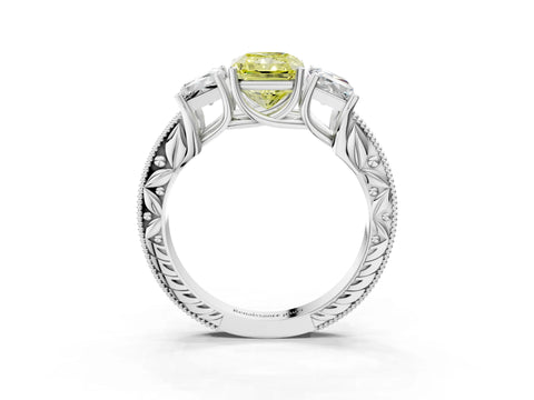 Silver Three-Stone Fancy Yellow Radiant Cut Cut Milgrain Pavé Engagement Ring_22