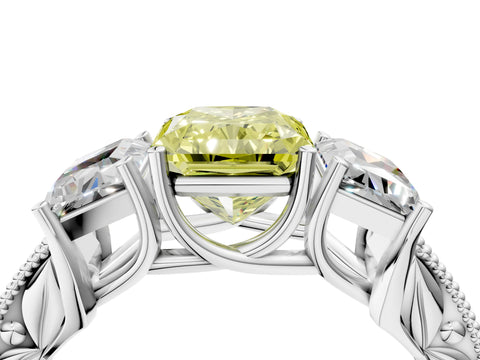 Silver Three-Stone Fancy Yellow Radiant Cut Cut Milgrain Pavé Engagement Ring_23