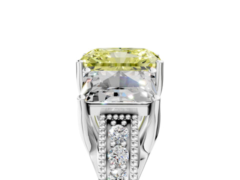 Silver Three-Stone Fancy Yellow Radiant Cut Cut Milgrain Pavé Engagement Ring_24