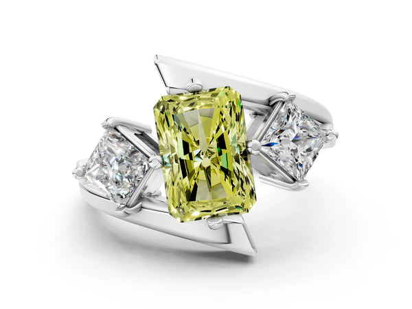 Silver Three-Stone Fancy Yellow Radiant Cut Cut Tension Band Ring with Four-Prong Setting