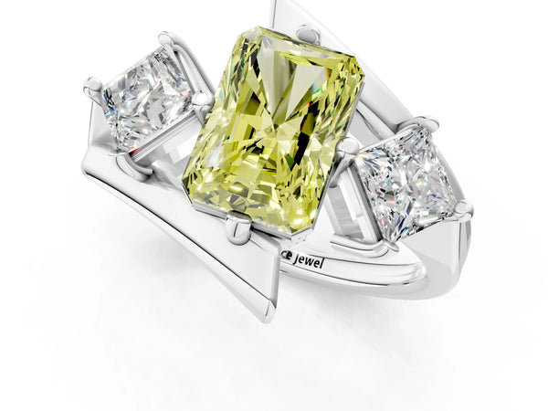 Silver Three-Stone Fancy Yellow Radiant Cut Cut Tension Band Ring with Four-Prong Setting