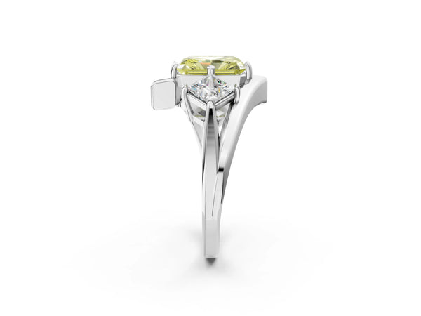 Silver Three-Stone Fancy Yellow Radiant Cut Cut Tension Band Ring with Four-Prong Setting