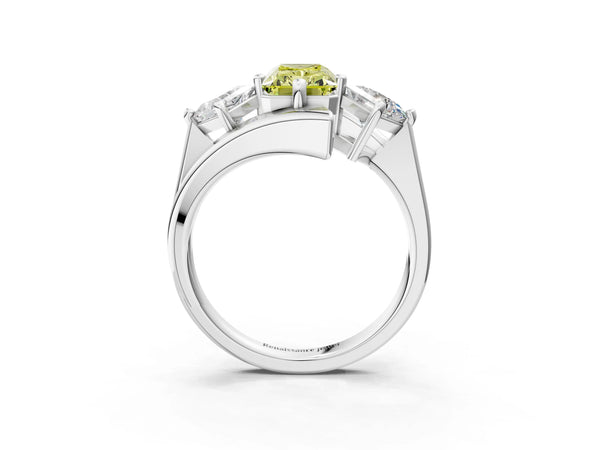 Silver Three-Stone Fancy Yellow Radiant Cut Cut Tension Band Ring with Four-Prong Setting