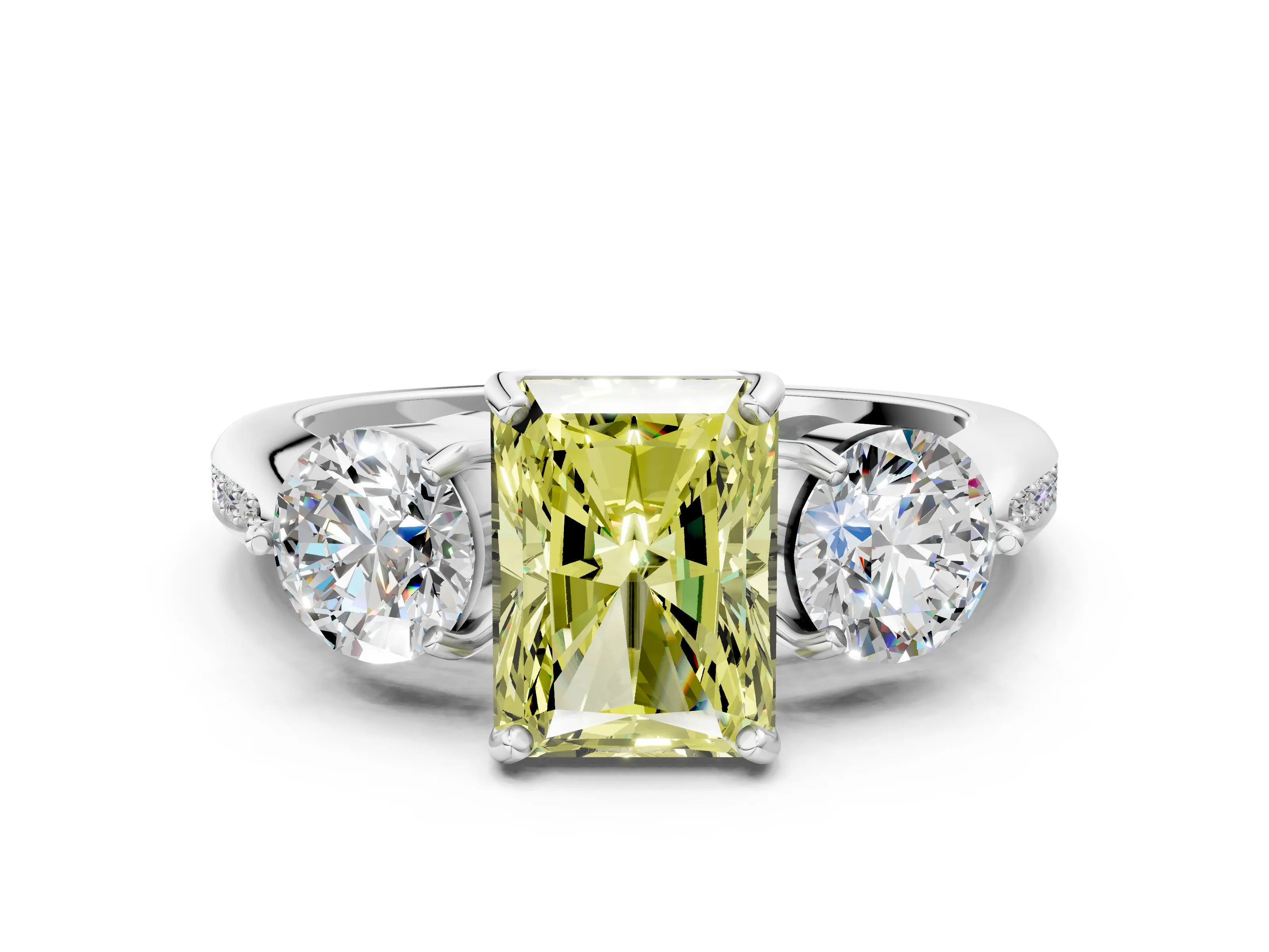 Silver Three-Stone Fancy Yellow Radiant Cut Diamond Channel Set Engagement Ring with Prong Setting_19