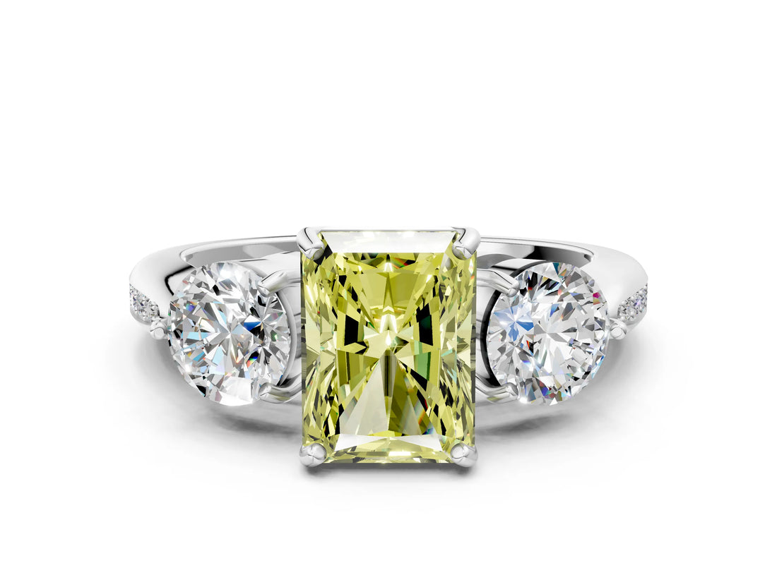 Silver Three-Stone Fancy Yellow Radiant Cut Diamond Channel Set Engagement Ring with Prong Setting_19
