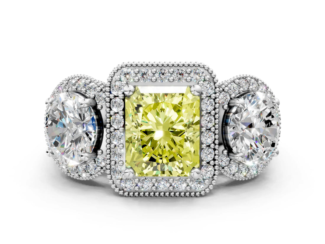 Silver Three-Stone Fancy Yellow Radiant Cut Halo Diamond Milgrain Band with Four-Prong Setting_6
