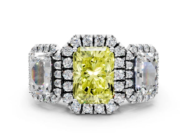 Silver Three-Stone Fancy Yellow Radiant Cut Halo Diamond Ring with Pave Band and Four-Prong Setting