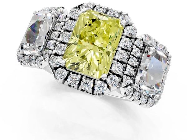 Silver Three-Stone Fancy Yellow Radiant Cut Halo Diamond Ring with Pave Band and Four-Prong Setting