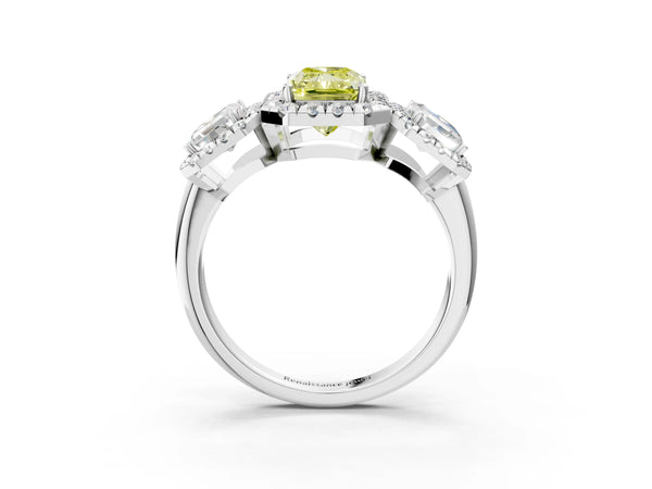 Silver Three-Stone Fancy Yellow Radiant Cut Halo Diamond Ring with Pave Band and Four-Prong Setting
