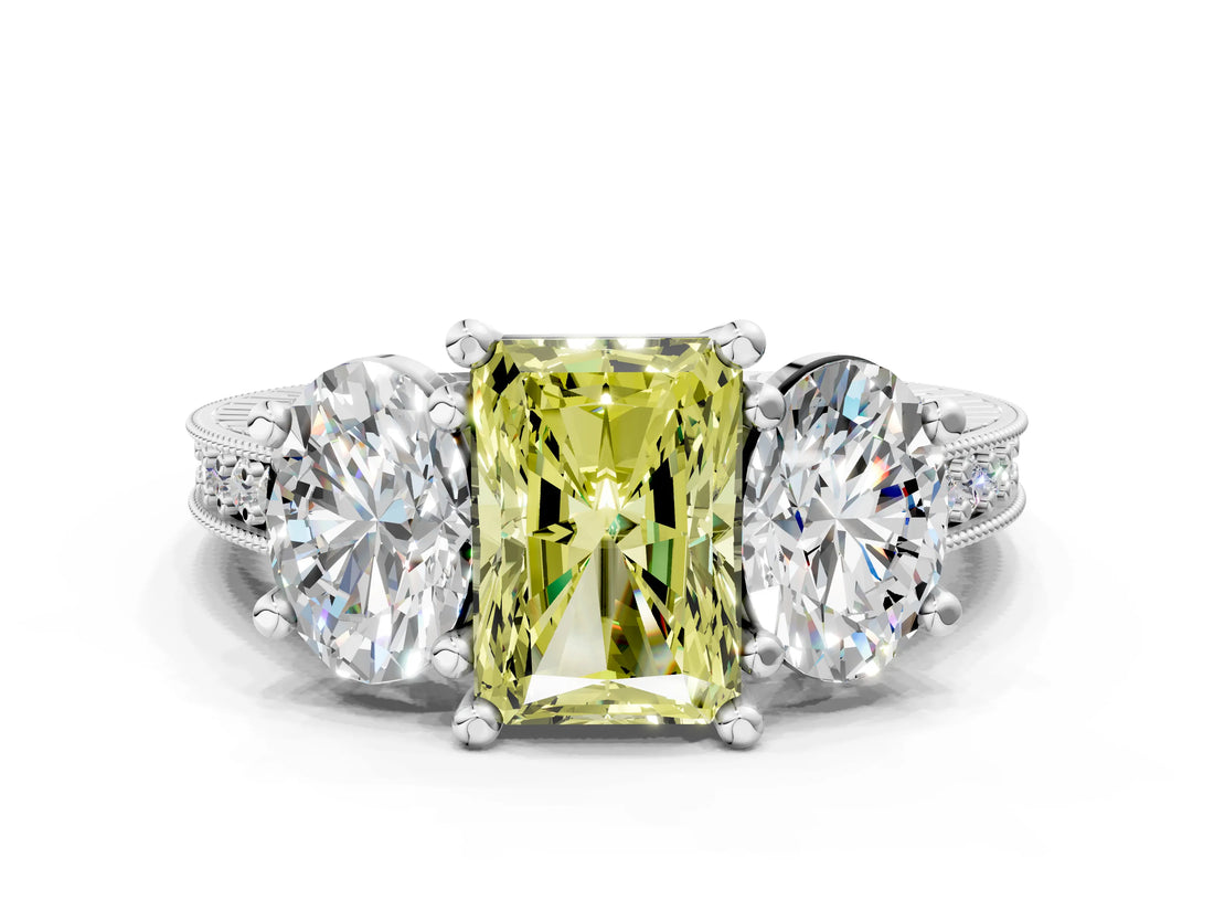 Silver Three-Stone Fancy Yellow Radiant  Diamond Milgrain Pave Band with Prong Setting 1