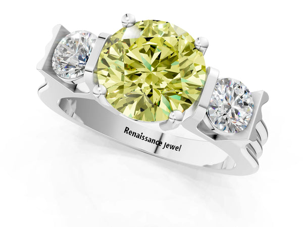 Silver Three-Stone Fancy Yellow Round Cut Classic Band Prong Setting Ring