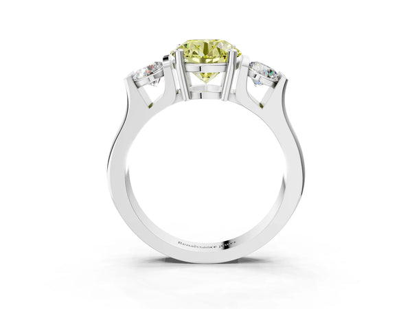 Silver Three-Stone Fancy Yellow Round Cut Classic Band Prong Setting Ring