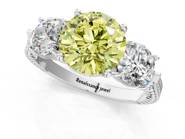 Sterling Silver Round Vintage Three Stone Engagement Ring Setting for Fancy Yellow Center