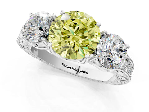 Silver Three-Stone Fancy Yellow Round Cut Cut Milgrain Pavé Engagement Ring_25