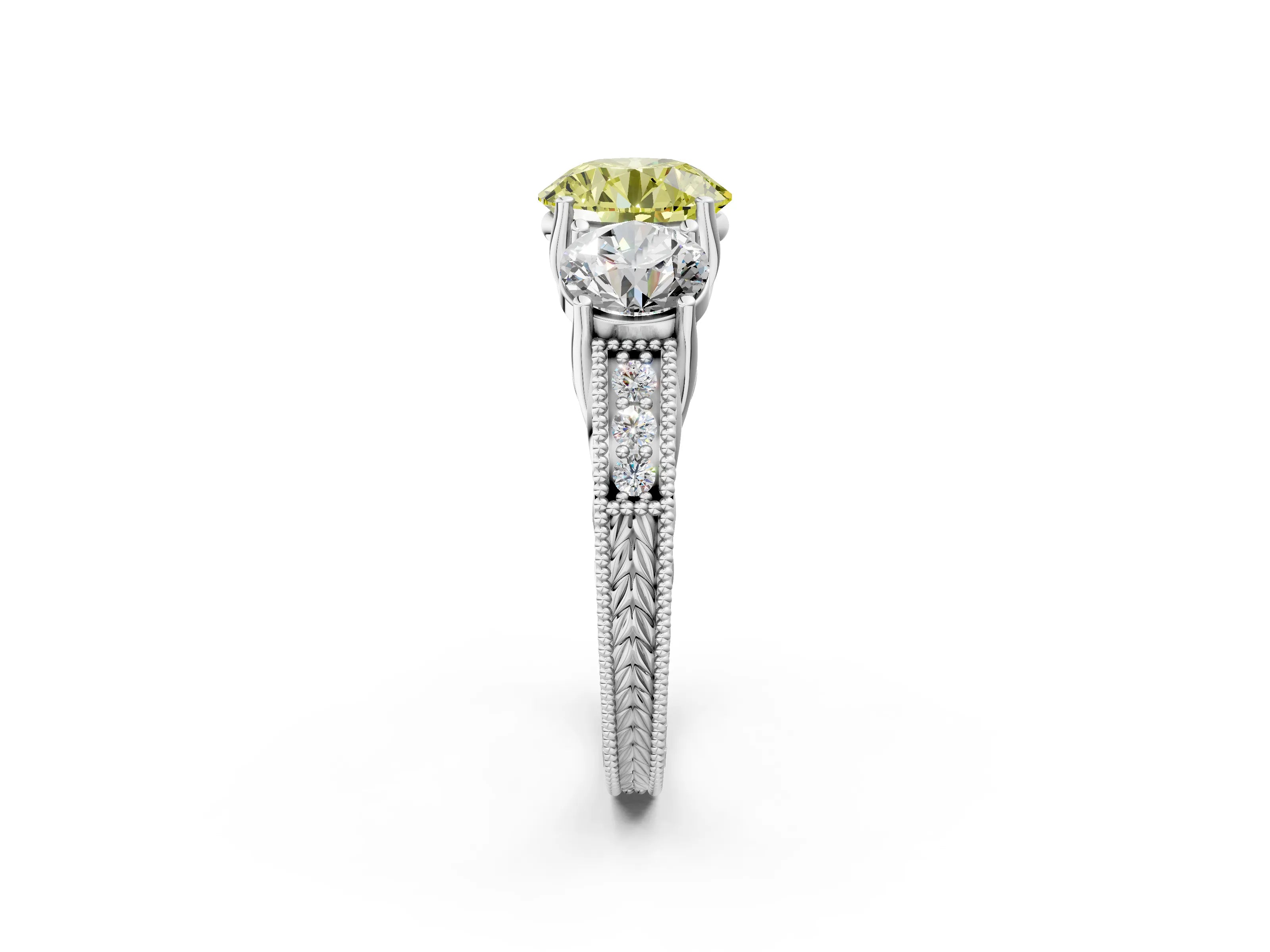 Silver Three-Stone Fancy Yellow Round Cut Cut Milgrain Pavé Engagement Ring_26
