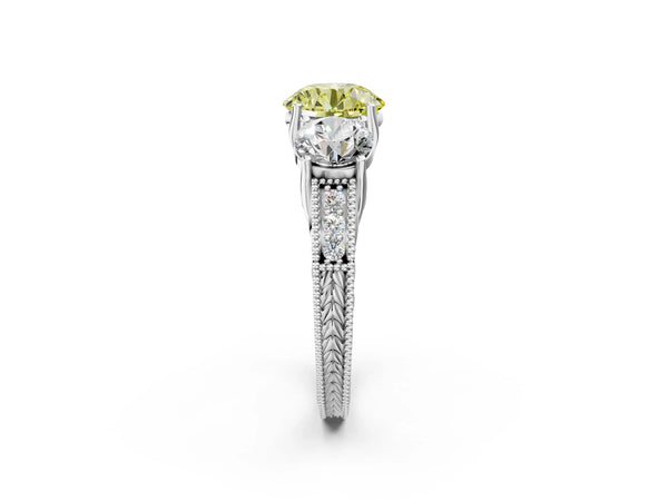Sterling Silver Round Engraved Three Stone Engagement Ring Setting for Fancy Yellow Center