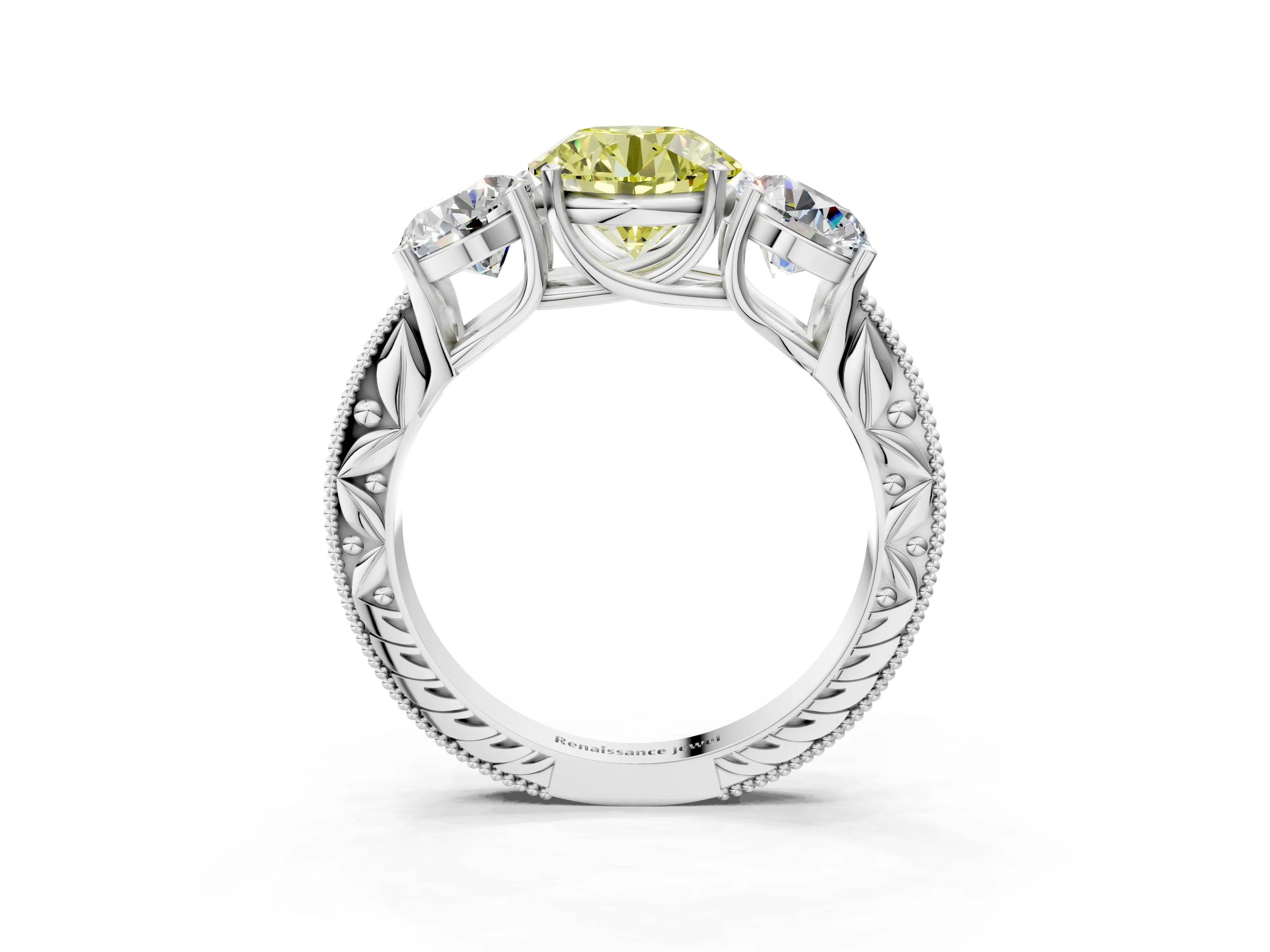 Silver Three-Stone Fancy Yellow Round Cut Cut Milgrain Pavé Engagement Ring_27