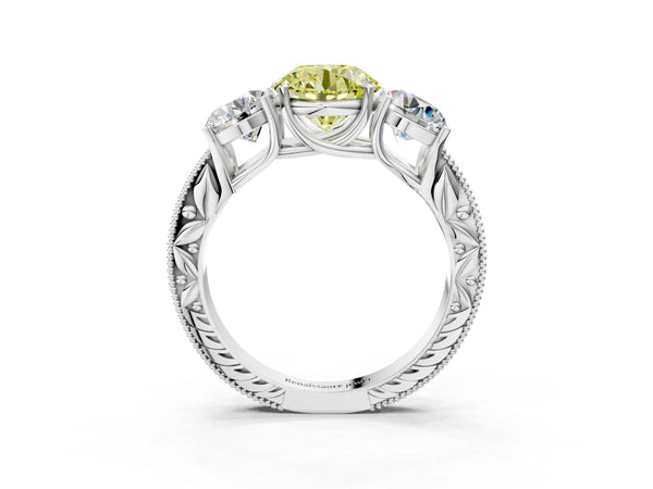 Sterling Silver Round Engraved Three Stone Engagement Ring Setting for Fancy Yellow Center