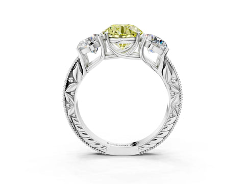 Silver Three-Stone Fancy Yellow Round Cut Cut Milgrain Pavé Engagement Ring_27