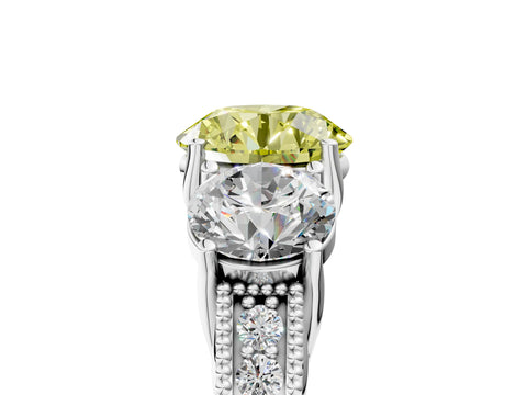 Silver Three-Stone Fancy Yellow Round Cut Cut Milgrain Pavé Engagement Ring_29