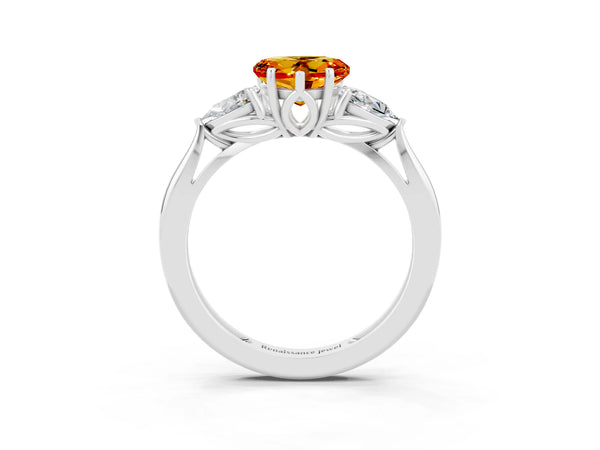 Silver Three-Stone Heart Cut Citrine Ring with Pear  Side Stones in Four-Prong Setting