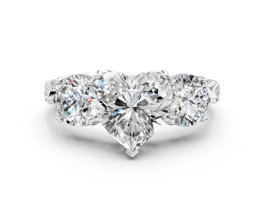 Silver Three-Stone Heart Cut Cut Milgrain Band Prong Setting Ring_37