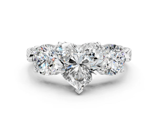 Sterling Silver Heart-Shaped Vintage Three Stone Engagement Ring Setting