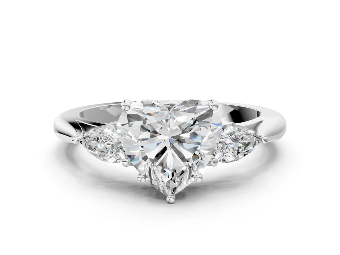 Silver Three-Stone Heart Cut Diamond Ring with Pear  Side Stones in Four-Prong Setting_16