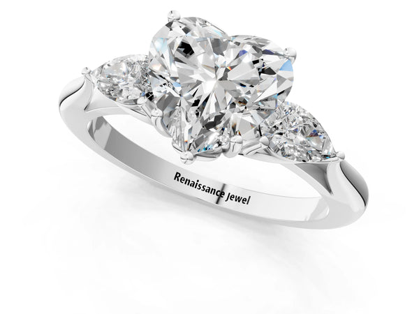Sterling Silver Heart-Shaped Three Stone Engagement Ring Setting with Pear Side Stones and Thin Band