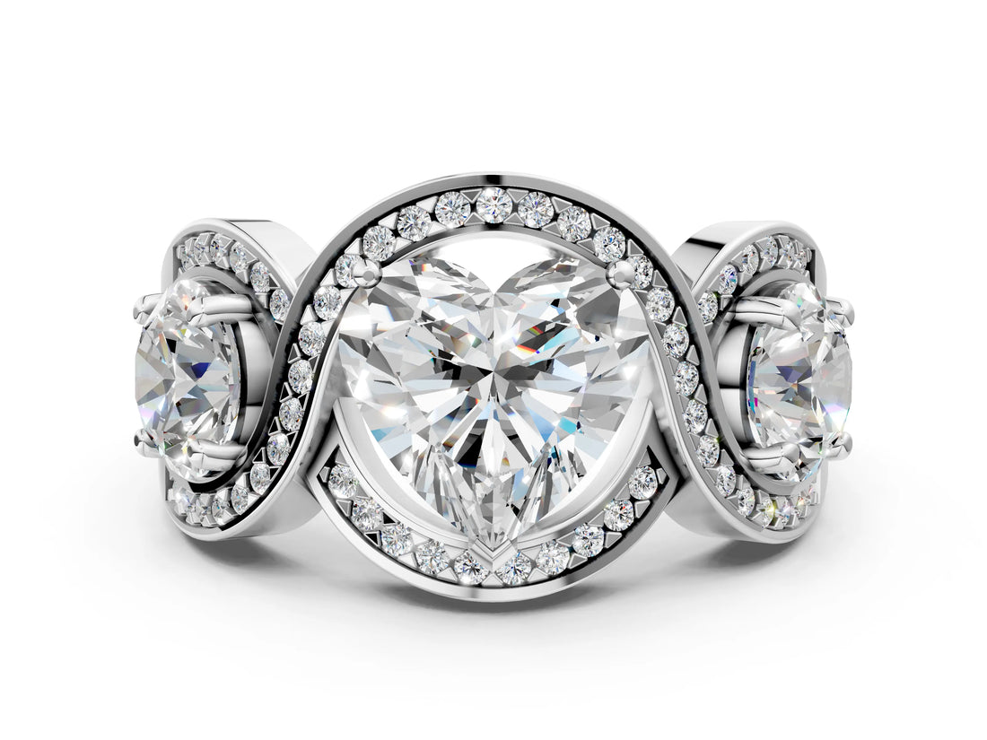 Silver Three-Stone Heart Cut Diamond Wave Pave Band with Prong Setting_19