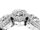Silver Three-Stone Heart Cut Halo Diamond Milgrain Band with Four-Prong Setting_11