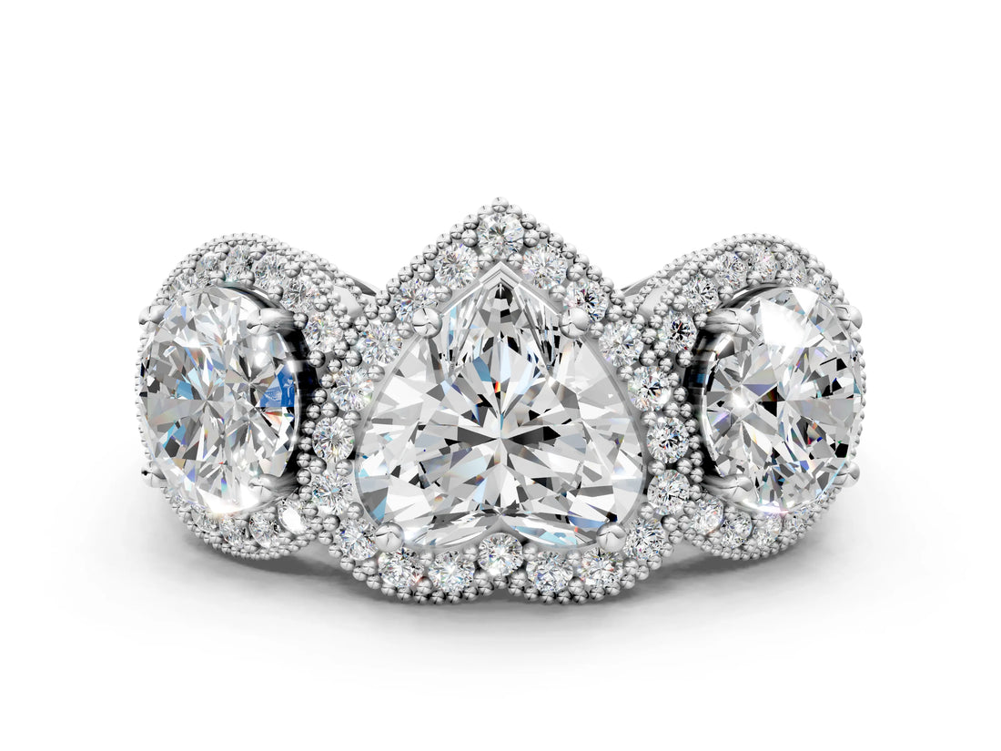 Silver Three-Stone Heart Cut Halo Diamond Milgrain Band with Four-Prong Setting_7