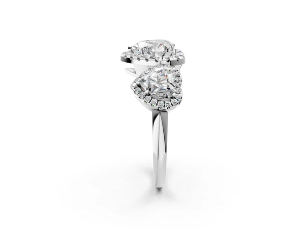 Silver Three-Stone Heart Cut Halo Diamond Ring with Pave Band and Four-Prong Setting