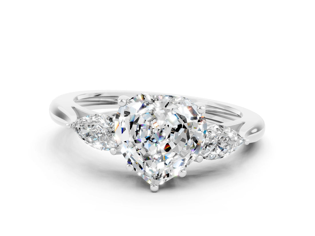 Silver Three-Stone Heart Cut Moissanite Ring with Pear  Side Stones in Four-Prong Setting_54