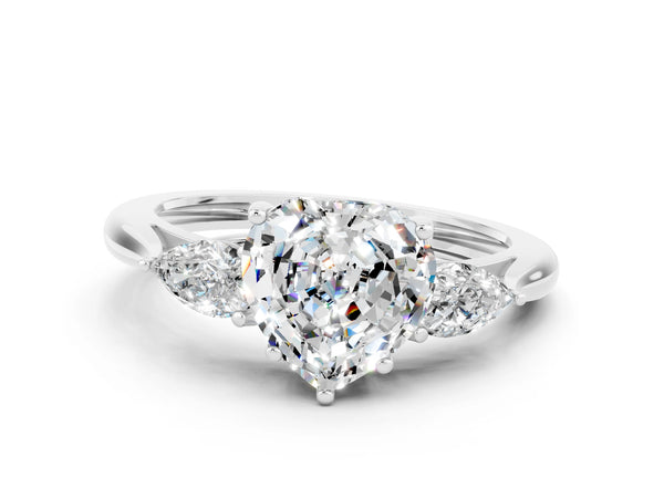 Silver Three-Stone Heart Cut Moissanite Ring with Pear  Side Stones in Four-Prong Setting