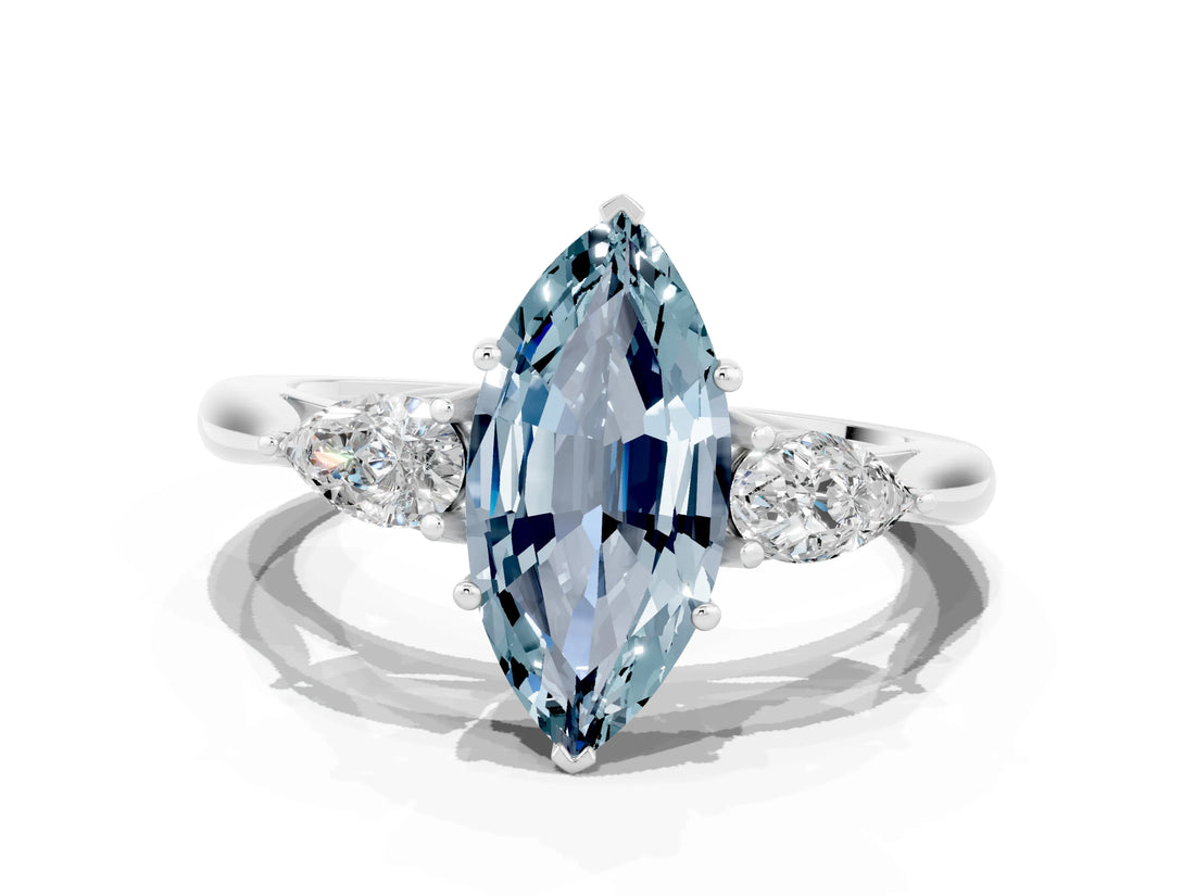 Silver Three-Stone Marquise Cut Aquamarine Ring with Pear  Side Stones in Four-Prong Setting_54