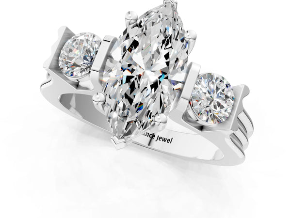 Silver Three-Stone Marquise Cut Classic Band Prong Setting Ring