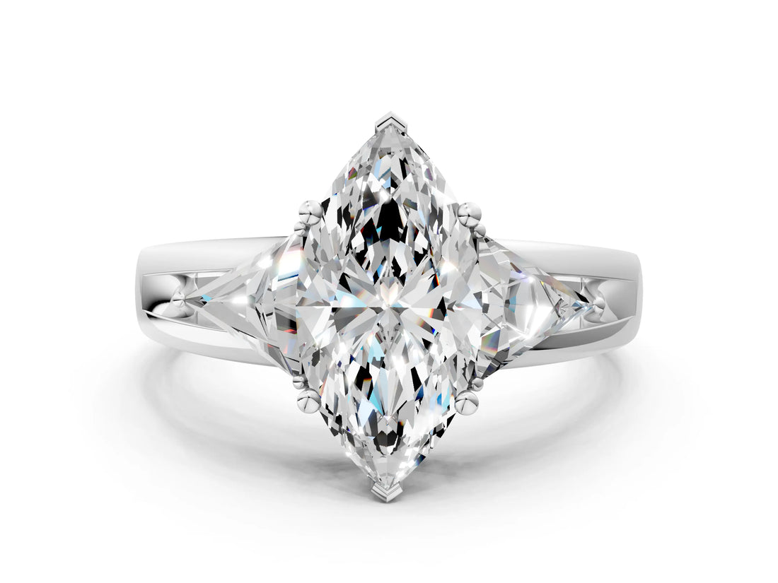 Silver Three-Stone Marquise Cut Cut Diamond Ring with Trillion Side Stones on a Split Shank Band_13