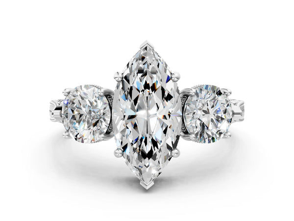 Sterling Silver Marquise Vintage Three Stone Engagement Ring Setting