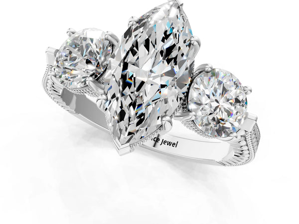 Sterling Silver Marquise Vintage Three Stone Engagement Ring Setting