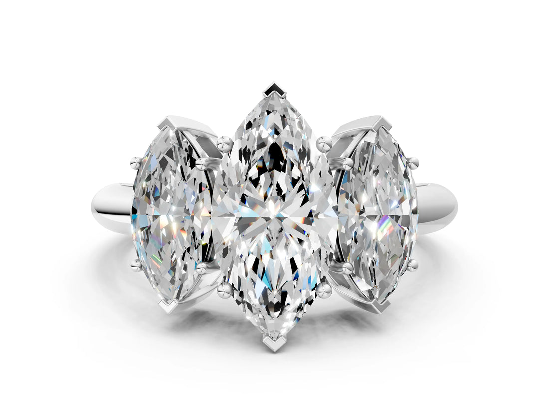 Silver Three-Stone Marquise Cut Diamond Engagement Ring with Prong Setting on a Silver Band_42