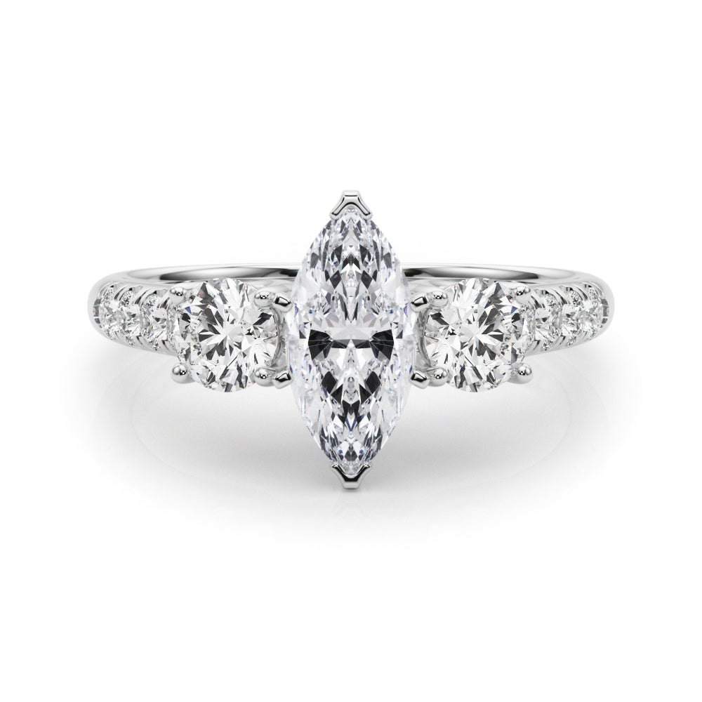 Silver Three-Stone Marquise Cut Diamond Pavé Band with Four-Prong Setting