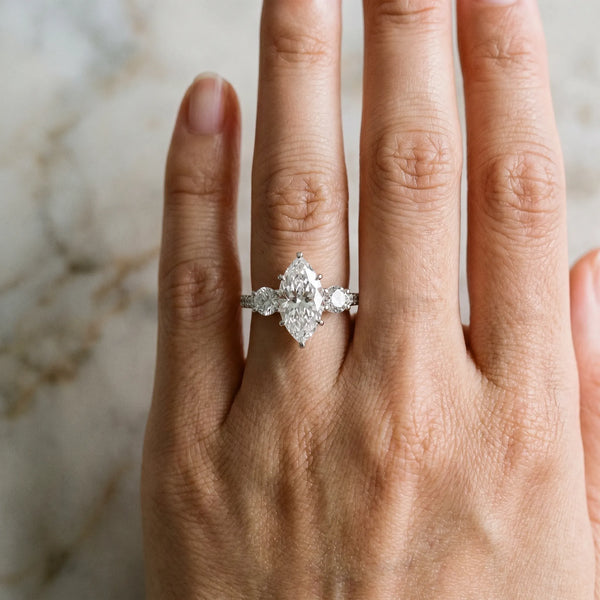 White gold Three-Stone Marquise Cut Diamond Pavé Band with Four-Prong Setting