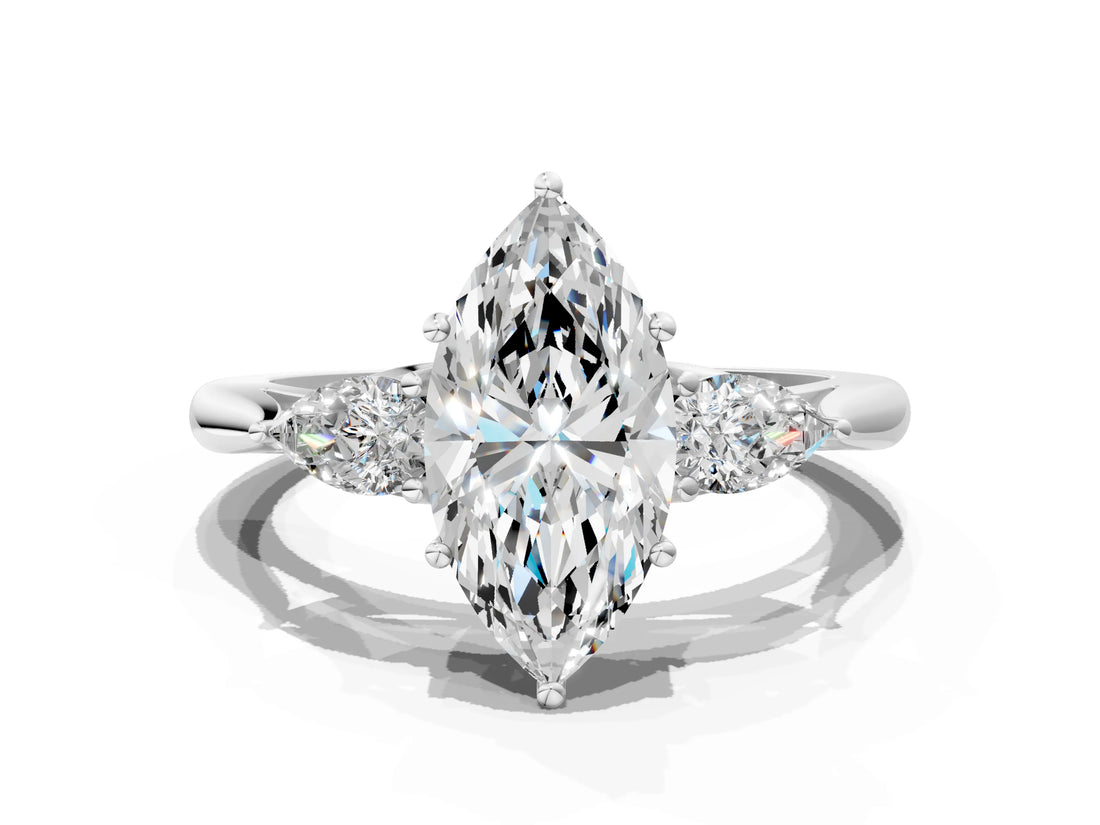 Silver Three-Stone Marquise Cut Diamond Ring with Pear  Side Stones in Four-Prong Setting_16