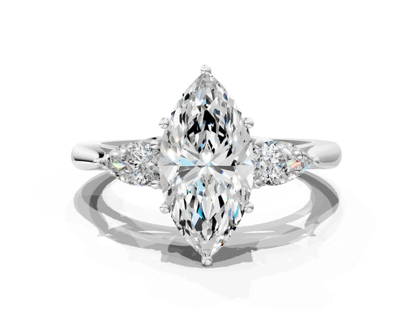 Sterling Silver Marquise Three Stone Engagement Ring Setting with Pear Side Stones and Thin Band