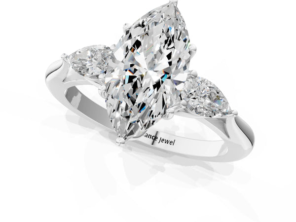 Sterling Silver Marquise Three Stone Engagement Ring Setting with Pear Side Stones and Thin Band