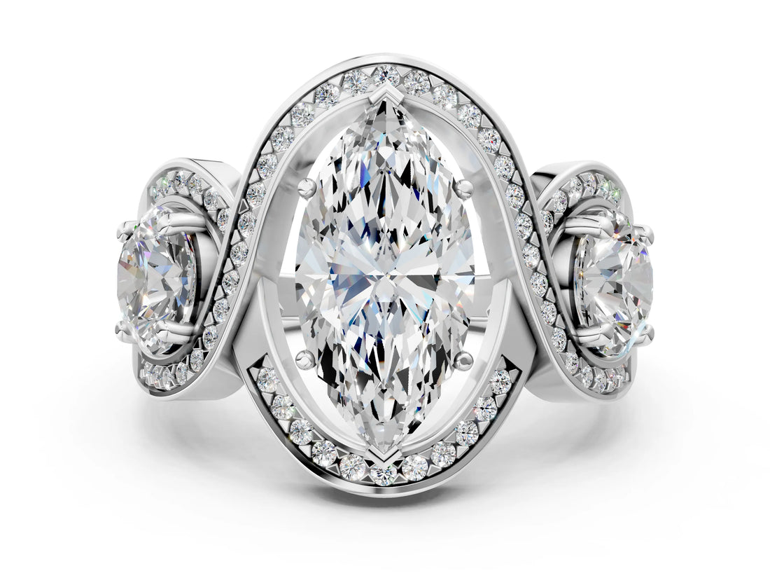 Silver Three-Stone Marquise Cut Diamond Wave Pave Band with Prong Setting_19