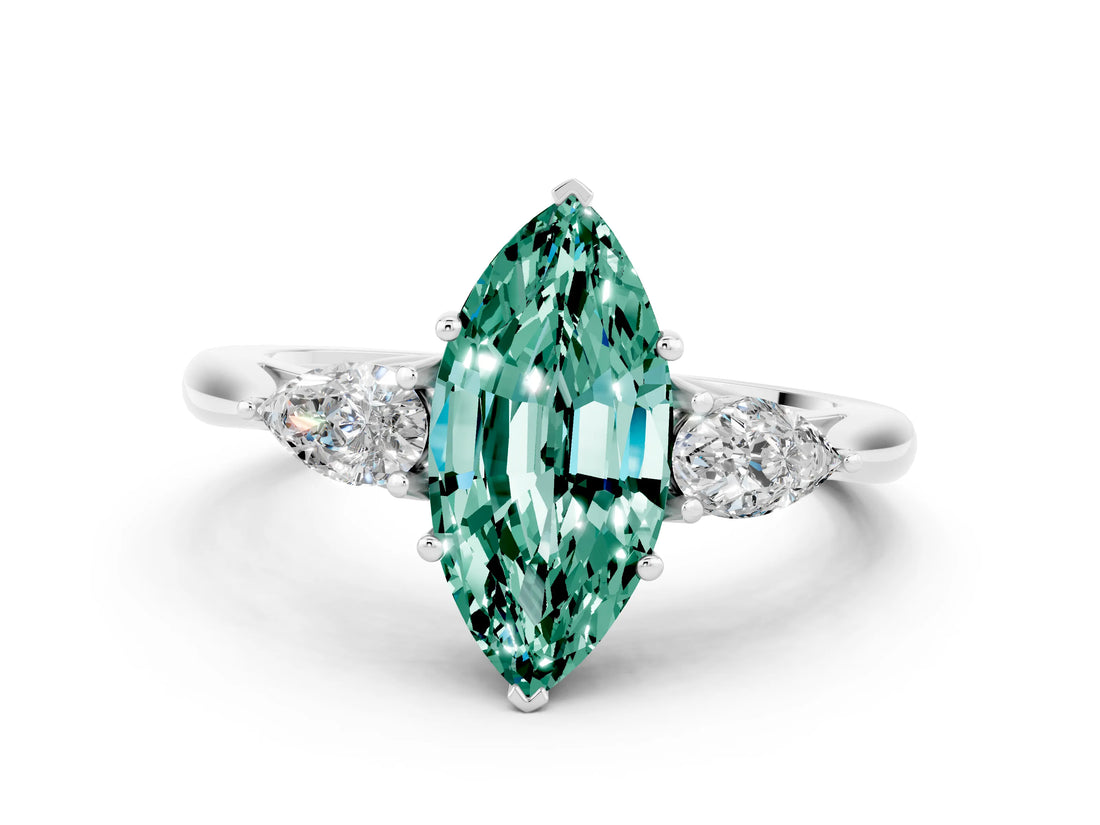 Silver Three-Stone Marquise Cut Green Sapphire Ring with Pear  Side Stones in Four-Prong Setting_60