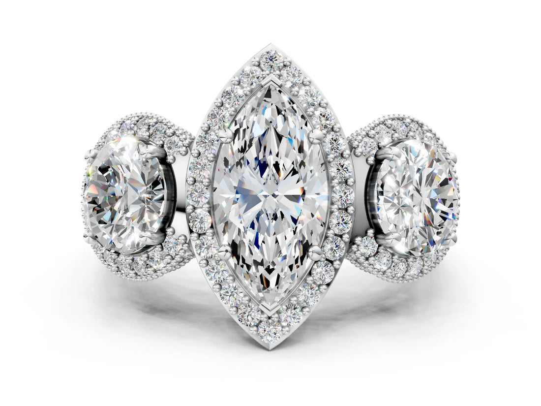 Silver Three-Stone Marquise Cut Halo Diamond Milgrain Band with Four-Prong Setting_7