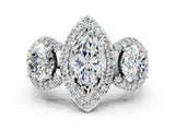 Silver Three-Stone Marquise Cut Halo Diamond Milgrain Band with Four-Prong Setting_7